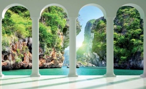 Papier Peint Panoramique 3D Mer relaxant de lac et rochers - Photo Murale Intissé