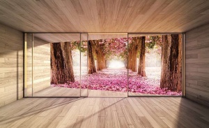 Papier peint Photo 3D - Terrasse avec arbres fleuris - 3294