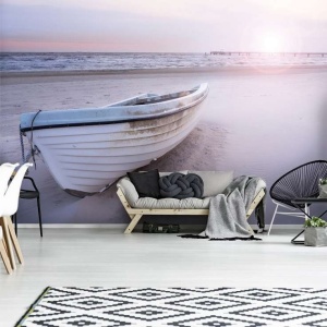 Papier Peint Photo Mural Mer Bateau sur une plage de sable au coucher du soleil - 13050 - Img 2
