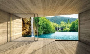 Papier Peint 3D Panoramique XXL Nature terrasse, lac et cascade - Photo Murale Intissé - 3314