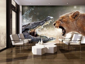 Papier peint - Animaux en action, Crocodile versus Lionne - 3643 - Img 2