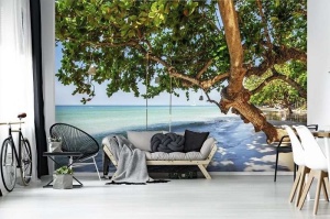Papier Peint Panoramique XXL Mer Berceau sur un arbre de plage - Photo Murale Intissé - Img 2