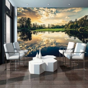 Papier Peint Panoramique XXL Nature Image apaisante des reflets lac et forêt - Photo Murale Intissé - 12024 - Img 4