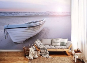 Papier Peint Photo Mural Mer Bateau sur une plage de sable au coucher du soleil - 13050 - Img 3