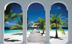 Papier Peint Panoramique 3D Mer Passerelle vers la plage tropicale - Photo Murale Intissé