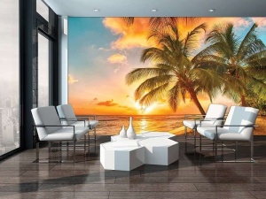 Papier Peint Panoramique XXL Mer Palmiers sur la plage au coucher du soleil - Photo Murale Intissé - Img 2