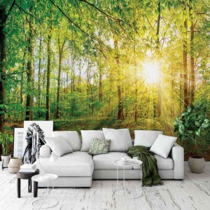 Papier Peint Panoramique XXL Nature Rayons de soleil à travers la forêt verte - Photo Murale Intissé - Img 3