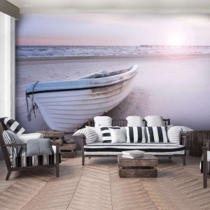 Papier Peint Photo Mural Mer Bateau sur une plage de sable au coucher du soleil - 13050 - Img 4