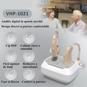 Set 2x amplificatoare auditive (aparate auditive) digitale VHP-1021 – chip DSP, sunet clar, fără zgomot, reducere fluierat, design discret, confort sporit la purtare.