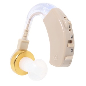 Aparat auditiv retroauricular bej cu tub și dop de silicon transparent