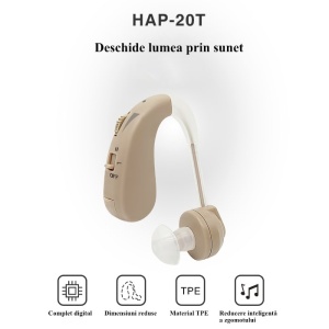 Amplificator Auditiv (Aparat Auditiv) Digital HAP-20T – design discret, circuit digital complet, material TPE și funcție de anulare inteligentă a zgomotului.