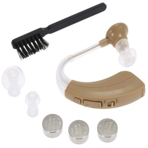 Set complet aparat auditiv digital VHP-220 cu dopuri siliconice, baterii și perie de curățare.