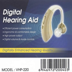 Ambalaj aparat auditiv digital VHP-220, design ergonomic și control digital al volumului.