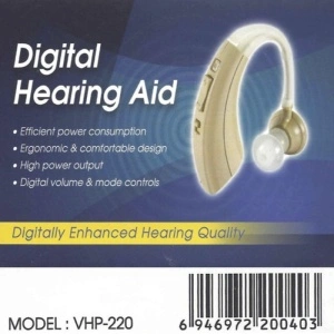 Ambalaj aparat auditiv digital VHP-220, design ergonomic și control digital al volumului.