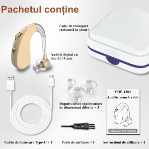 Conținut pachet amplificator auditiv (aparat auditiv) reîncărcabil VHP-1204 – cutie transport, dopuri, cablu, perie, manual