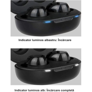 Aparate auditive digitale JH-A39 în cutie de încărcare, indicator luminos albastru pentru încărcare și indicator luminos alb pentru încărcare completă