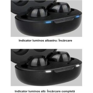 Aparate auditive digitale JH-A39 în cutie de încărcare, indicator luminos albastru pentru încărcare și indicator luminos alb pentru încărcare completă