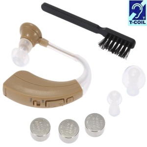 Set complet aparat auditiv VHP-220T cu funcție Telecoil, dopuri de silicon, baterii și perie de curățare.