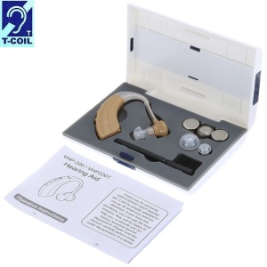 Cutie cu aparat auditiv VHP-220T cu funcție Telecoil, accesorii și manual de utilizare.