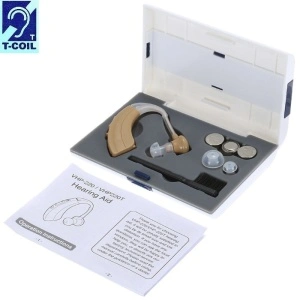 Cutie cu aparat auditiv VHP-220T cu funcție Telecoil, accesorii și manual de utilizare.