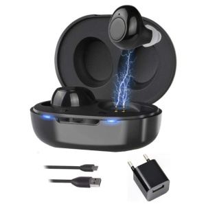 Aparate auditive digitale JH-A39 în cutie de încărcare cu indicatori luminoși, cablu USB și adaptor de încărcare inclus
