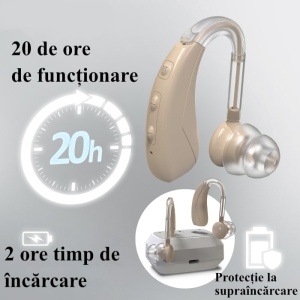 Amplificator auditiv (aparat auditiv) digital VHP-1021 – autonomie de 20 ore, timp de încărcare 2 ore prin Type-C, protecție la supraîncărcare, cu bază de încărcare dublă.