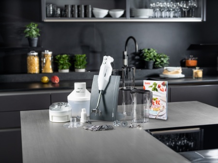Mixer BAMIX Baking 200W, 4 lame, SliceSy, Procesor, Motor profesional, Vas 1000ml, Vas 600ml, Vas 400ml, Stand Swissline, Alb