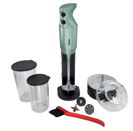 Mixer BAMIX Jubilee Edition 200W, 3 lame, Procesor, Motor profesional, Vas 600ml, Vas 400ml, Perie intretinere, Stand DeLuxe, Verde Olive