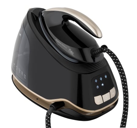 Statie de calcat cu boiler de inalta presiune Fakir Elegance DBS8010, 8 bari, 3000 W, capacitate rezervor 1.5 l, jet abur max 300 g/min, Afisaj LED, tehnologie Dual Base, Antipicurare, Anticalc, Talpa ceramica, Negru
