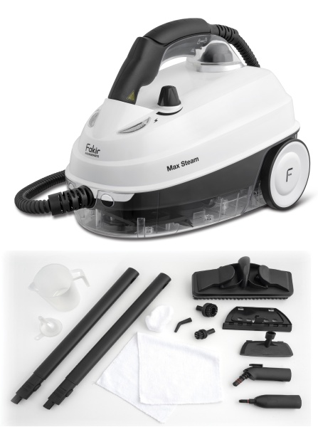 Aparat de curatat cu abur Fakir Max Steam cu abur, 1500W, 5 Bar, 1.6 L, incalzire 10 min, 12 accesorii, Alb