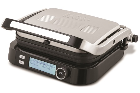 Gratar electric Fakir Grill Expert Smart, 2100W, 7 programe, Indicator gatire, Senzor automat, Deschidere 180°, 3 nivele de gatire carne, Placi detasabile, Argintiu