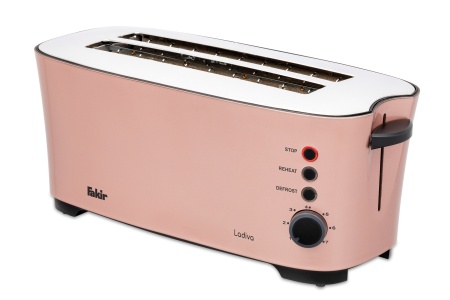 Prajitor de paine Fakir Ladiva, 1350 W, 4 felii, Grad de rumenire ajustabil, 7 trepte, Inox, Functie dezghetare, Roz