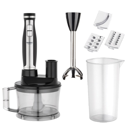 Set blender multifunctional Fakir Range Multi Blend, 1700W, Turbo, Vas tocare, Discuri feliere si razuire, Cutite inox, Negru