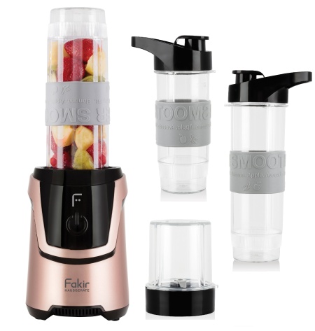 Blender personal Fakir Dynamic, 600W, 2 Vase (570 ml si 400 ml), Rasnita, Cutite inox, fara BPA, Roz
