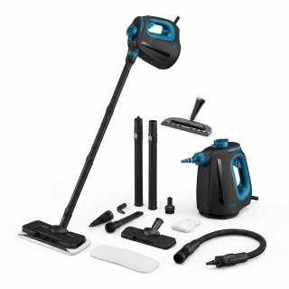 Aparat de curatat cu aburi 2 in 1 CleanKoala CK-S 1350W, pentru pardoseli, baie, bucatarie, rosturi, geamuri si textile, 3.5 bar, incalzire 15 sec., rezervor 550 ml, 30 min, 12 accesorii, Negru
