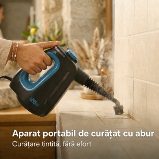Aparat de curatat cu aburi CleanKoala CK-HS 1350W, pentru baie, bucatarie, rosturi, geamuri, oglinzi, tapiterii si zone greu accesibile, 3.5 bar, rezervor 550 ml, incalzire 15 sec., 30 min, cablu 6 m, Negru/Albastru - Img 10