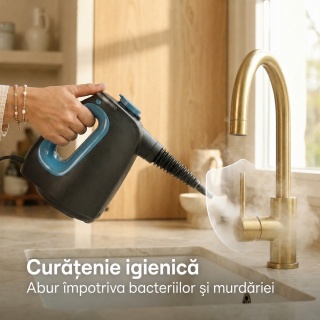Aparat de curatat cu aburi CleanKoala CK-HS 1350W, pentru baie, bucatarie, rosturi, geamuri, oglinzi, tapiterii si zone greu accesibile, 3.5 bar, rezervor 550 ml, incalzire 15 sec., 30 min, cablu 6 m, Negru/Albastru - Img 7