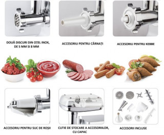 Masina de tocat Fakir Rissole, 1800W, Accesoriu rosii, Accesorii carnati si kebbe, Corp metalic, Functie reverse, Cutite si discuri inox, Silver - Img 4