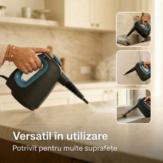 Aparat de curatat cu aburi CleanKoala CK-HS 1350W, pentru baie, bucatarie, rosturi, geamuri, oglinzi, tapiterii si zone greu accesibile, 3.5 bar, rezervor 550 ml, incalzire 15 sec., 30 min, cablu 6 m, Negru/Albastru - Img 4