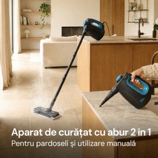 Aparat de curatat cu aburi 2 in 1 CleanKoala CK-S 1350W, pentru pardoseli, baie, bucatarie, rosturi, geamuri si textile, 3.5 bar, incalzire 15 sec., rezervor 550 ml, 30 min, 12 accesorii, Negru - Img 2
