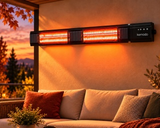 Incalzitor terasa cu infrarosu Komodo Flores 3000 W, IP65 interior-exterior, 9 trepte, 35 mp, 45° C, telecomanda si aplicatie, negru