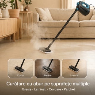 Aparat de curatat cu aburi 2 in 1 CleanKoala CK-S 1350W, pentru pardoseli, baie, bucatarie, rosturi, geamuri si textile, 3.5 bar, incalzire 15 sec., rezervor 550 ml, 30 min, 12 accesorii, Negru - Img 5