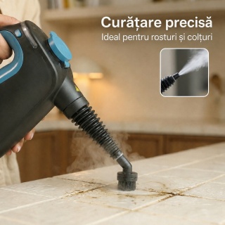 Aparat de curatat cu aburi CleanKoala CK-HS 1350W, pentru baie, bucatarie, rosturi, geamuri, oglinzi, tapiterii si zone greu accesibile, 3.5 bar, rezervor 550 ml, incalzire 15 sec., 30 min, cablu 6 m, Negru/Albastru - Img 8