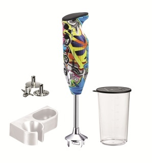 Mixer Bamix Mono Design Edition 200W, Motor profesional, Vas 600ml, Suport perete, 3 lame, Grafitti