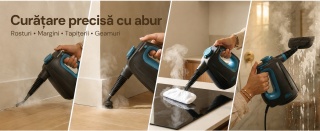 Aparat de curatat cu aburi CleanKoala CK-HS 1350W, pentru baie, bucatarie, rosturi, geamuri, oglinzi, tapiterii si zone greu accesibile, 3.5 bar, rezervor 550 ml, incalzire 15 sec., 30 min, cablu 6 m, Negru/Albastru - Img 5