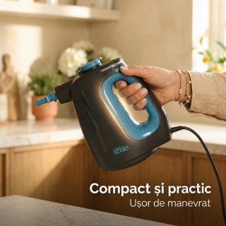 Aparat de curatat cu aburi CleanKoala CK-HS 1350W, pentru baie, bucatarie, rosturi, geamuri, oglinzi, tapiterii si zone greu accesibile, 3.5 bar, rezervor 550 ml, incalzire 15 sec., 30 min, cablu 6 m, Negru/Albastru - Img 6