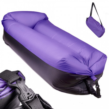 Saltea Autogonflabila "Lazy Bag" tip sezlong, 185 x 70cm, culoare Negru-Violet, pentru camping, plaja sau piscina