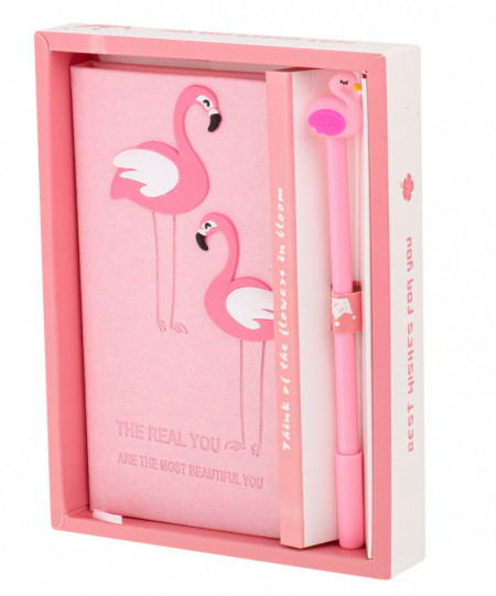 Set Cadou pentru Copii, Caiet cu Flamingo finisat cu piele ecologica + Pix cu Flamingo