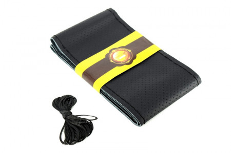 Husa volan din PIELE NEAGRA + ATA NEAGRA pentru CAMIOANE, diametru XXL - 45 cm,(se coase, aspect ORIGINAL)