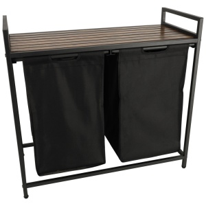 Cos mare de rufe cu doua compartimente, cu raft si blat din lemn, model LOFT, culoare neagra - Img 2